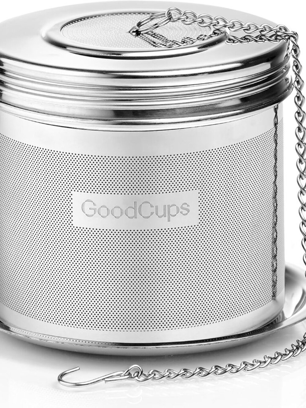Stainless steel large tea infuser with drip tray and chain